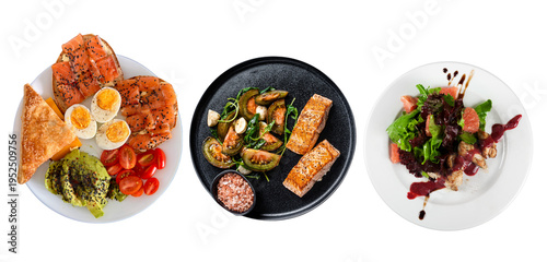 Assorted Healthy Gourmet Meals with Grilled Salmon, Boiled Eggs, Avocado, and Fresh Salads Isolated