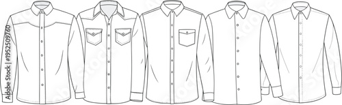 Collection of five technical fashion flat sketches of men's long-sleeved shirts with varied collar and pocket styles Keywords