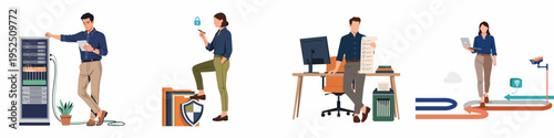 Flat vector illustrations depicting information technology professionals managing servers, data security, office workflows, and network infrastructure for business solutions.