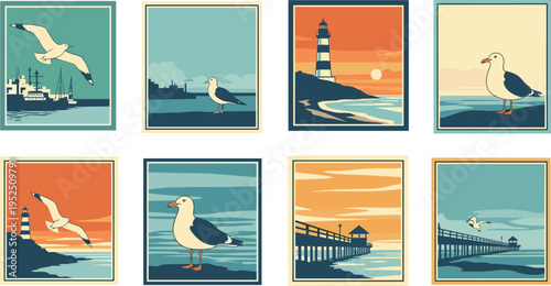 Vintage coastal posters collection with seagulls lighthouse pier ocean sunset retro travel landscape vector illustration set