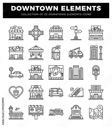 Downtown elements collection icons isolated on white.