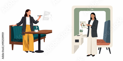Businesswoman presenting data and pitch deck in modern office and cafe settings, flat vector illustration.