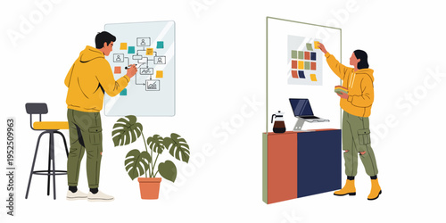 Two young professionals working together on a business project using sticky notes and flowcharts on glass boards in a modern office.