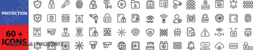 Protection Web Icon Set in Line Style. Collection of Security Linear Icons, Including defense, safe, safety and security, alarm, encryption, cybersecurity, locked, shield, guard, lock. Outline icon