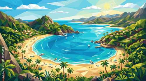 A vibrant, geometric low-poly illustration of an idyllic tropical bay with a sandy beach, palm trees, and clear blue water, evoking a feeling of a perfect summer vacation.