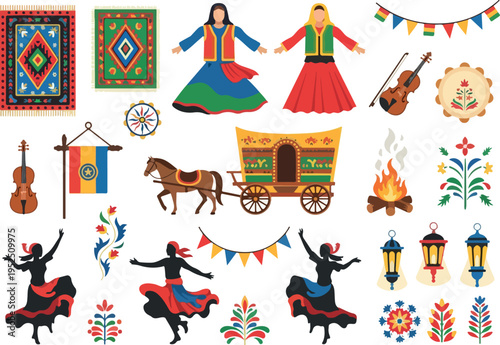 Colorful collection of Romanian folk art elements including traditional clothing, musical instruments, and decorative patterns