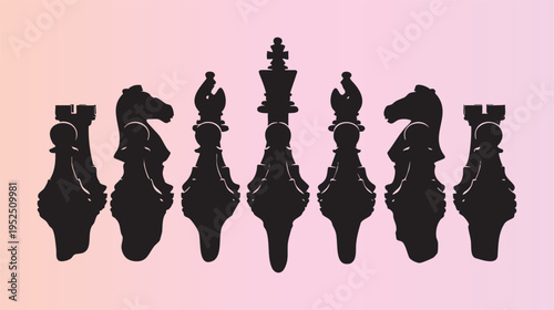 Silhouette of stylized chess pieces in a row ready for gameplay