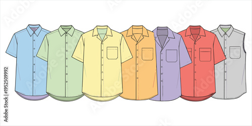 Collection of six short sleeve collared shirts in various pastel colors group fashion