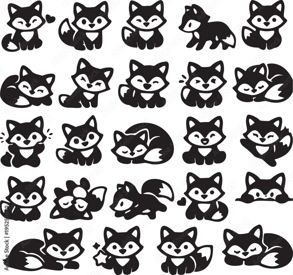 Obraz premium Cute Fox Icon Set, 25 Adorable Cartoon Fox Silhouette Icons, Minimal Animal Character Vector Collection.
