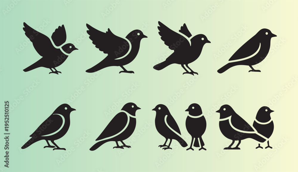 Fototapeta premium Setofminimalistbirdsilhouettesinvariousposesandinteractions