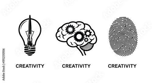 Lightbulb brain and fingerprint icons representing creative thinking silhouette