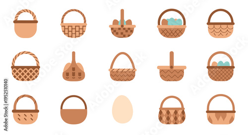 Collection of brown wicker baskets including designs with colorful eggs for easter holiday use