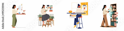 Set of illustrations showing a woman managing her schedule, tasks, and home organization using digital and traditional tools.