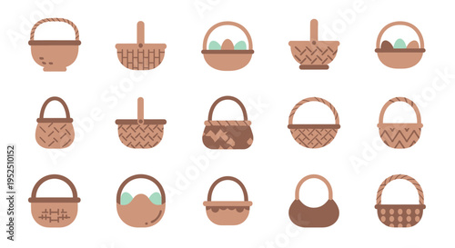 Set of various flat style wicker baskets for easter celebration and spring picnic activities