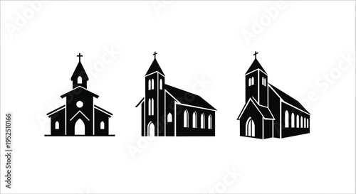 Three ornate church buildings depicted in a striking black silhouette