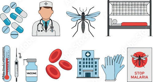Medical healthcare icons depicting vaccination, diagnosis, and disease prevention including mosquito, hospital, and medication