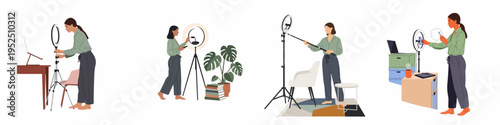 Set of illustrations showing a young woman setting up ring lights and equipment for content creation, vlogging, and social media streaming at home.