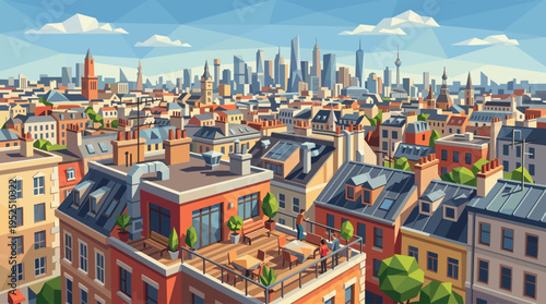 A vibrant, geometric illustration of a sprawling cityscape, featuring a sunny rooftop terrace with people and a modern skyline in the background.