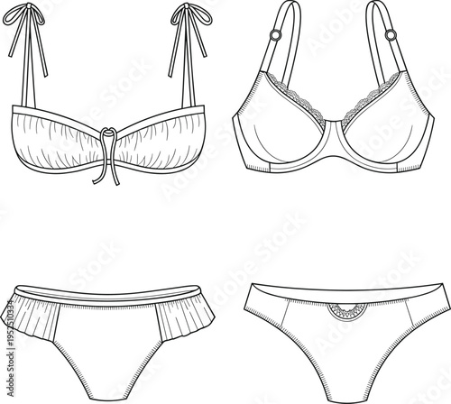 Fashion illustration of lingerie set including bras and panties with tie straps and lace trim Keywords: lingerie, bra, panties
