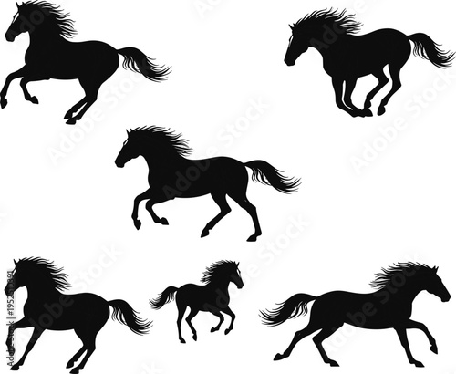 Running horse silhouettes collection featuring dynamic galloping and jumping poses isolated on white background for equestrian, wildlife, speed, power, and motion design concepts