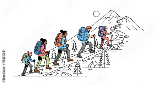 Diverse family hiking up mountain trail with backpacks, healthy lifestyle