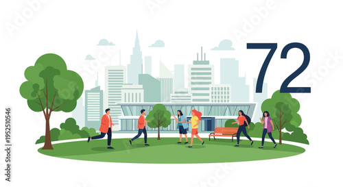 Diverse group of people enjoying a sunny day in a city park with skyscrapers in background