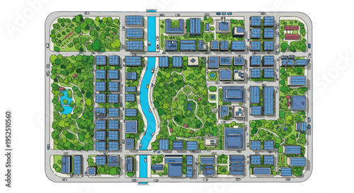 Aerial View of a Green City Map with River, Parks, and Buildings