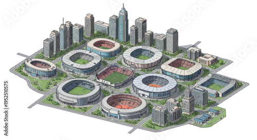 Aerial View of Sports Stadiums and Cityscape with Skyscrapers