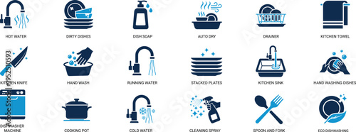 Wash Dishes Solid Icon Set. Cleaning, Kitchen, Hygiene, Housework, Detergent, Sponge, Plate. Editable Vector Illustration