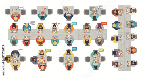 Top View: People Dining at Diverse Table Arrangements, Flat Design