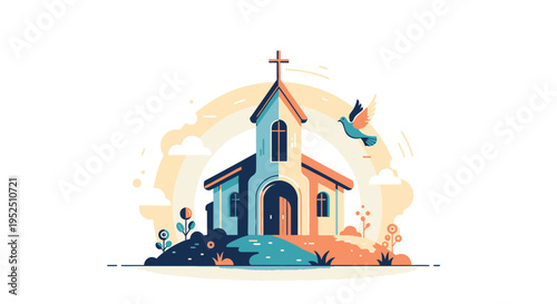 Church building flat design with cross dove and rainbow background, christianity and spirituality concept