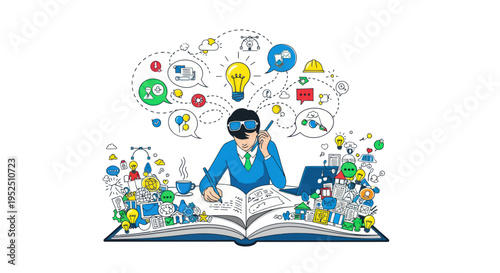 Man in VR headset studying book with ideas popping out in colorful cloud