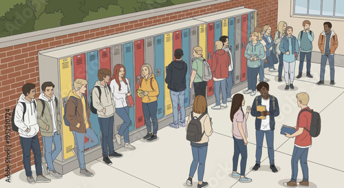 Diverse students gather at colorful school lockers, chatting and interacting in a hallway.
