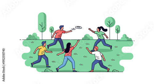 Friends playing frisbee in a park, summer outdoor activity, flat design illustration