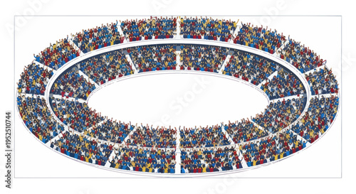 Vast stadium filled with cheering spectators, aerial view of a sports arena