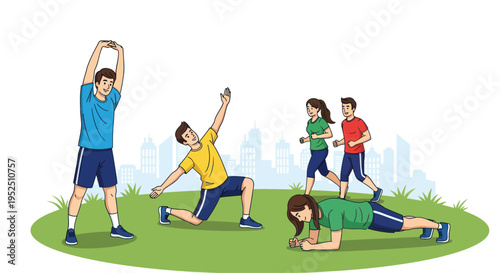 Diverse group of people exercising outdoors in a city park, promoting healthy lifestyle and fitness.