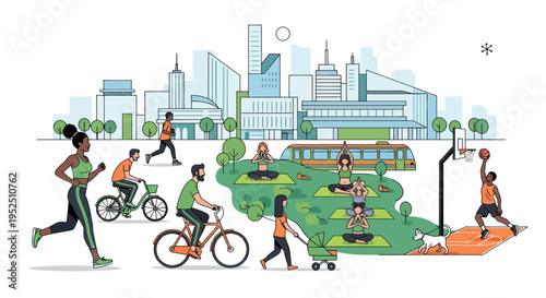 Diverse People Enjoying Healthy Urban Lifestyle Activities in a Green City Park