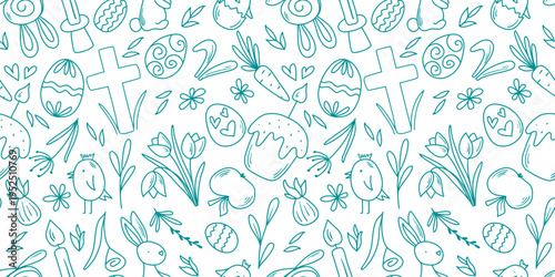 Happy Easter seamless pattern in doodle sketch style. Hand drawn holiday symbols and attributes on white background. Print with eggs, bunny, cross, flowers and herbs, kulich, chicken. Vector graphics