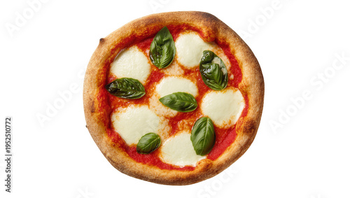 Isolated delicious traditional Neapolitan margherita pizza with fresh basil and mozzarella cheese.