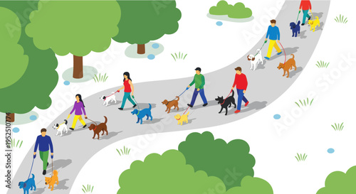 People Walking Dogs on a Winding Park Path with Trees and Greenery