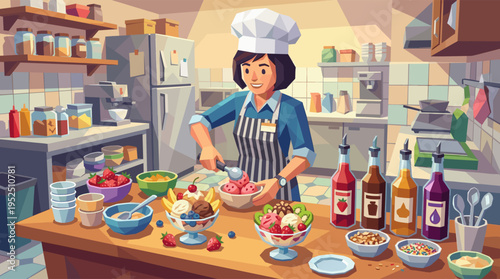 A smiling woman chef in an apron scoops colorful ice cream into a bowl, surrounded by fresh fruit and sweet toppings in a bright dessert shop kitchen.