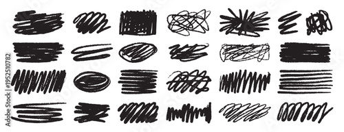 Set messy black brush textured wax crayon spots isolated on white background. Grunge chalk sketch collection. Hand drawn rough edges.