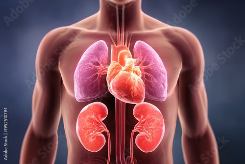 Human torso anatomical illustration showing the heart lungs and kidneys relevant to heart attack conditions