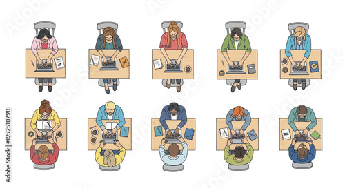 Diverse group of people working on laptops at desks, top-down view, office or co-working space concept