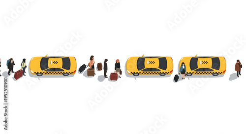 People with luggage waiting for yellow taxis on a white background