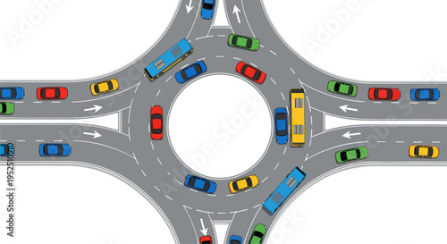 Busy traffic circle with cars, buses, and trucks. Aerial view of intersection.