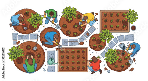 Diverse group of people gardening in a community garden, planting seedlings and watering plants.