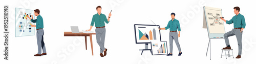 Flat vector illustration set of a businessman analyzing data, presenting charts, brainstorming on a flipchart, and working at his desk in an office.