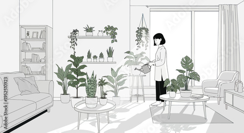 Woman watering houseplants in a modern minimalist living room, line art illustration