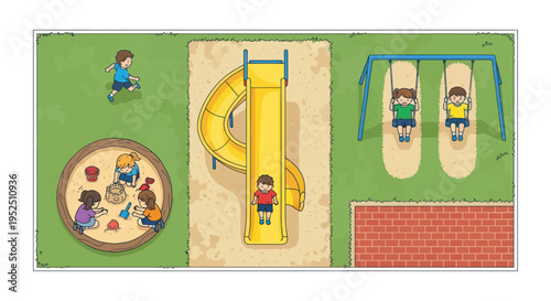 Children Playing on Playground Slide, Swings, and Sandbox - Top View Illustration